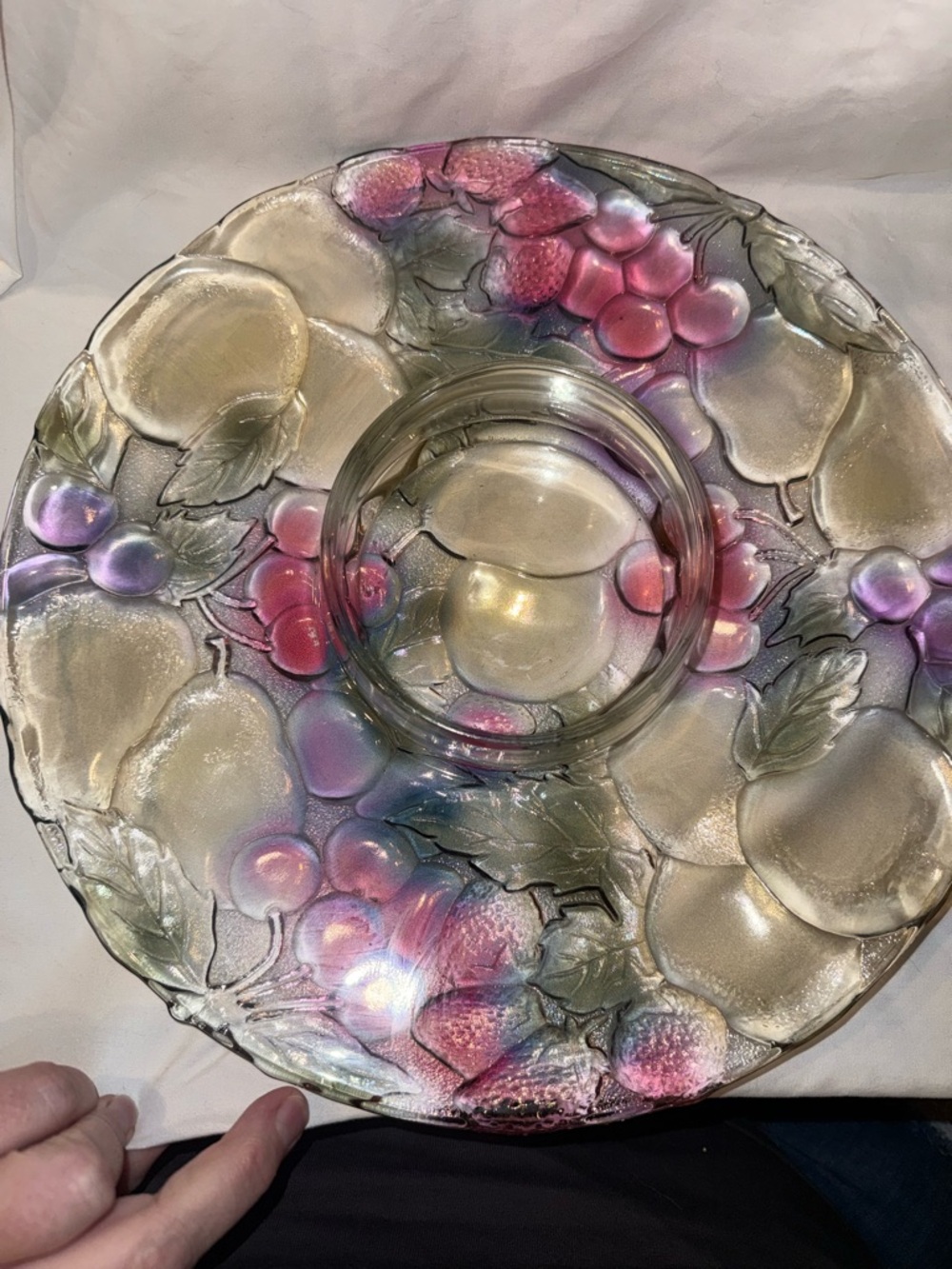 Vintage 13”  Iridescent Indiana Glass Dip Tray with Fruit Motif